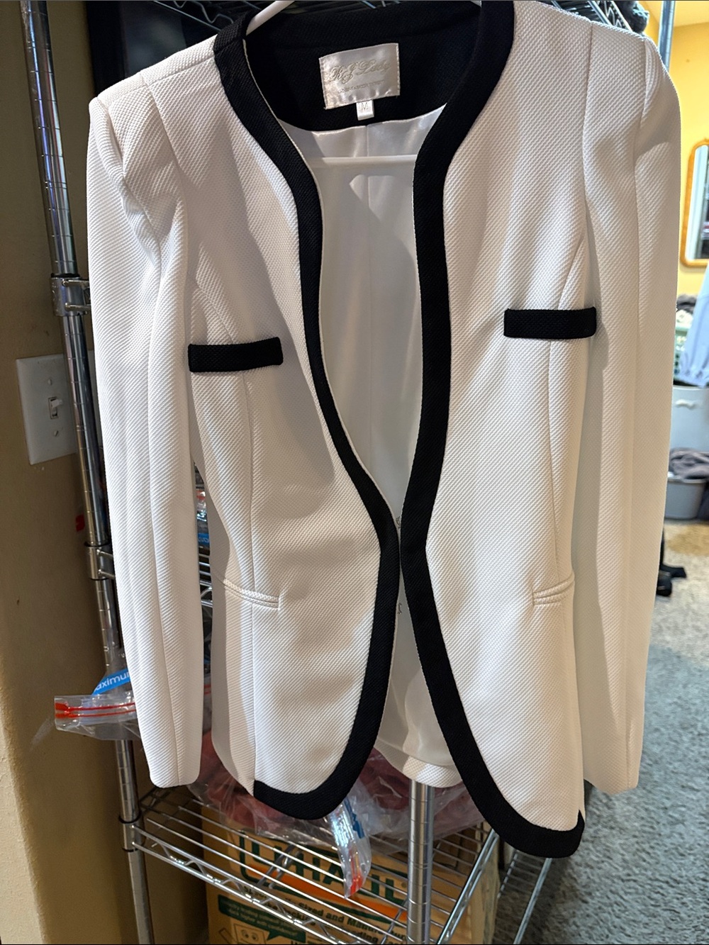 Textured White Blazer with Black Trim - Women's Tailored Open Front Jacket